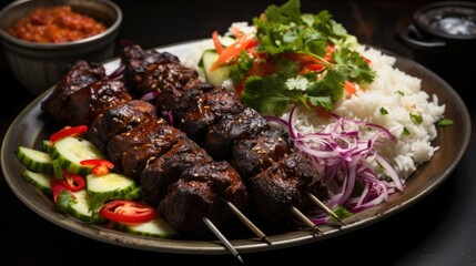 spicy suya kebab on skewers with fresh vegetable salad and ketchup close-up.  