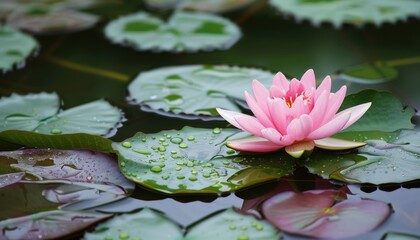 Beautiful Pink Water Lily Blooming on Calm Pond Surrounded by Lush Green Leaves in Early Morning Light