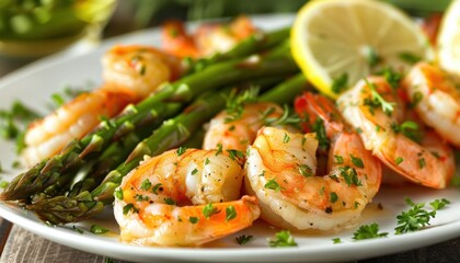 Delicious Grilled Shrimp and Asparagus Garnished With Fresh Herbs and Lemon Slices on a Rustic Plate