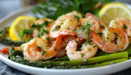 Fresh Shrimp Sautéed With Garlic and Herbs Served on a Plate With Asparagus and Lemon Wedges