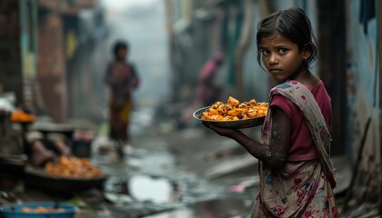 Young Girl Carrying Platter of Food Through Narrow Alleyway in Rural Setting