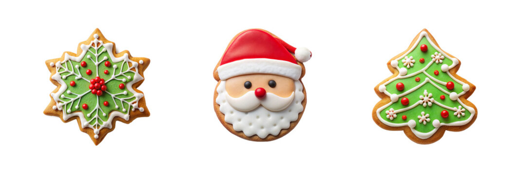 Christmas gingerbreads santa, tree, snowflake isolated background