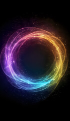 Obraz premium A ring of rainbow colored neon energy waves on a dark background with magical sparks