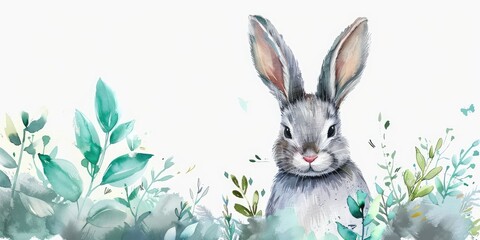 Watercolor plant and rabbit, Easter. Generation of Ai