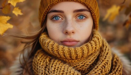 Young Woman With Bright Blue Eyes in Cozy Knit Scarf Enjoying Autumn in a Forest Full of Colorful Leaves