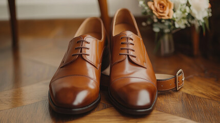Close-up of groom's polished leather shoes and matching belt, displayed on a wooden floor for sophisticated wedding attire accessories