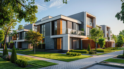 Fototapeta premium Street with modern modular private townhouses. Appearance of residential architecture.