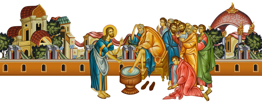 Maundy. Jesus Christ washing apostles feet, Biblical series. Christian religious illustration in Byzantine style isolated on white background