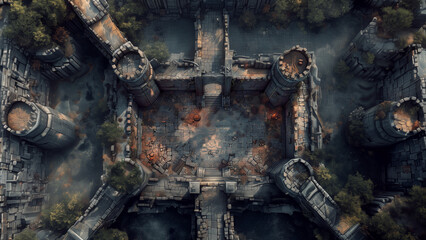 Fototapeta premium Castle Battle Map for RPGs, Dungeons & Dragons, Tabletop Role-Playing Games, Adventure Game Background, Top-Down View