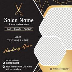 Beauty Salon Flyer Poster Design with Photo Placeholder Black and Golden Color