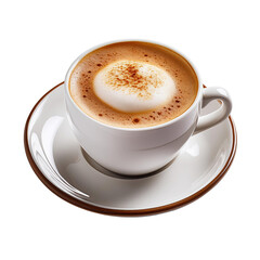 Obraz premium A white coffee cup with a brown rim sits on a white plate