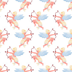 Character amur cupid valentines day seamless pattern. Cartoon angel with a bow, arrow, wing and heart. Set of cute flying characters wedding. vector illustration isolated on background