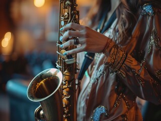 Fototapeta premium Musician Playing Saxophone Indoors With Colorful Accessories and Textiles During an Afternoon Session