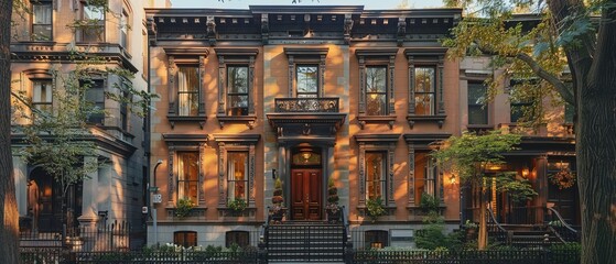 A row of brown buildings with a large brown building in the middle