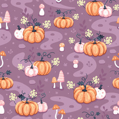 Seamless pattern with beautiful orange and pastel pink pumpkins and yellow flowers on a purple background. Repeated surface vector design.