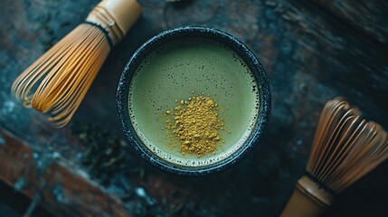A top view of a cup of green tea with a sprinkle of matcha powder and a bamboo whisk