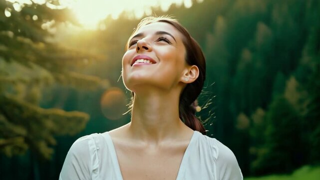 Relaxed happy beautiful young woman breathing fresh air deep with a green forest in natural. Ai Footage.