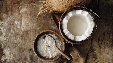 Obraz premium A top view of a fresh coconut with a straw, accompanied by a small bowl of coconut water and a spoon