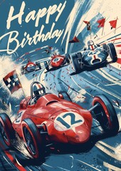 Speeding Cars Birthday Extravaganza. Multiple race cars compete on a vibrant track, filled with action and color. This vertical banner has ample space for text, perfect for greeting cards or posters.