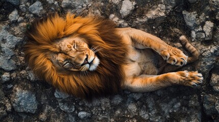A top view of a lion grooming its mane with its powerful paws, lying on a rocky surface