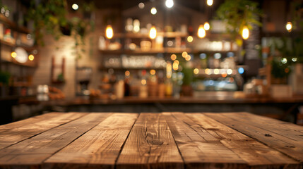 A wooden table with a view of a restaurant. The table is empty and the restaurant is dimly lit
