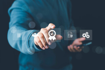 ISO standards quality control, assurance and warranty business technology concept. Touching on...