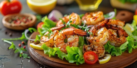 Delicious salad, grilled shrimp seafood with lettuce. Generation of Ai