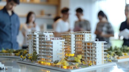 Group of engineer is discussion and brainstorming about condominium model of construction project.