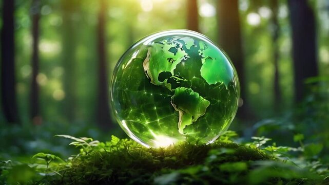 A clear glass ball with a picture of the world on the ground in the middle of the forest. Seamless 4K looping timelapse video animation generated AI
