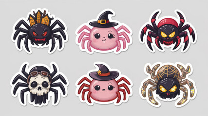 Naklejka premium Halloween sticker pack, vector illustration, Halloween pumpkins, skeletons and spiders, festive illustrations.