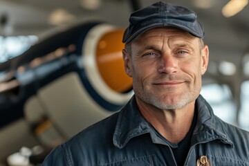 A mechanical engineer wearing a uniform and cap, posed confidently in front of an airplane's engine, representing aviation expertise and technical proficiency in aircraft maintenance.
