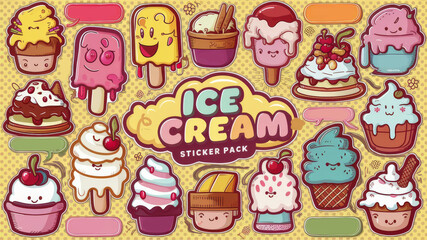 Illustration of ice cream, sticker pack with cartoon ice cream, images for children. Dessert advertisement.