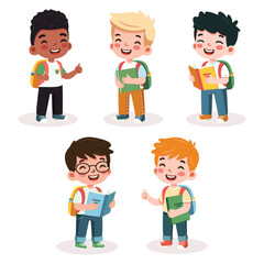 Set of cute international different boys with backpack and books on white background. Back to school concept. Vector illustration in flat cartoon style