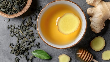 A top view shot of a cup of green tea with a slice of ginger and honey, surrounded by tea leaves