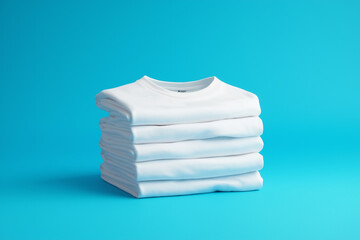清潔な白いTシャツ。きれいに畳まれた洗濯物。青い背景。