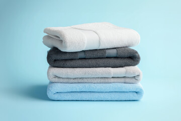 清潔なタオル。きれいに畳まれた洗濯物。青い背景。