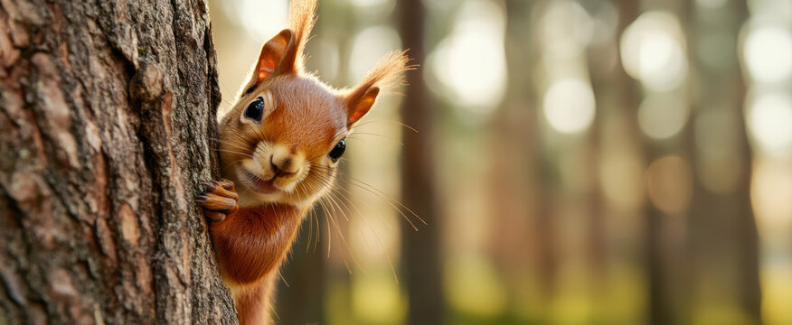 Portrait of a cute, funny squirrel looking from behind a tree in a forest, smiling and peeking with copy space.jpg, Portrait of a cute, funny squirrel looking from behind a tree in a forest, smiling a