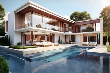 Fototapeta premium Luxury beach house with sea view swimming pool and terrace in modern design. 3d illustration of contemporary holiday villa exterior. 