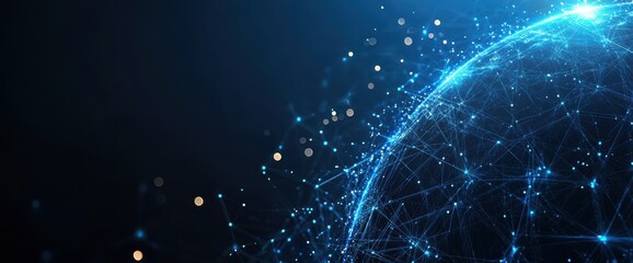 Smart city integration technology with IoT and blockchain, displaying wireless network connections across the globe on a panorama background