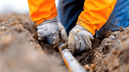 A worker in a reflective vest, inspecting underground electrical cables in a trench
