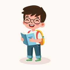 Cute and smart boy with glasses are happy with backpack and book. Back to school concept. Vector illustration in flat cartoon style