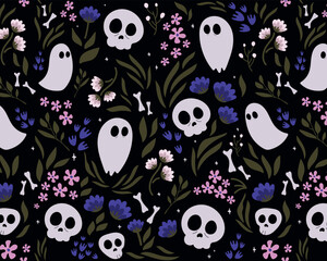 Seamless pattern Latin American style.Dead day party, sugar skull or halloween holiday.Traditional mexican music festival,fun bright dance vector characters.Halloween Dia De Los Muertos Celebration.