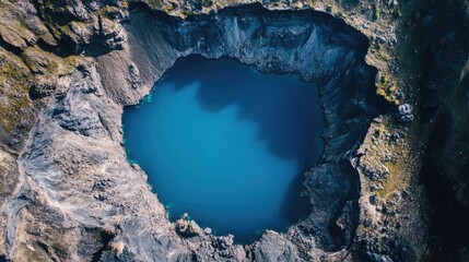 Aerial top view of a volcanic crater lake with vibrant blue water, encircled by rugged, rocky terrain