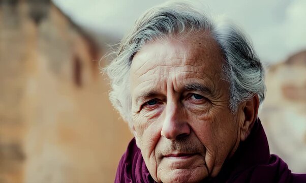 Medium shot portrait video of a French man in his 90s wearing a foulard against an abstract background
