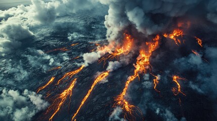 Aerial top view of a volcanic eruption site with lava rivers flowing towards the ocean, creating steam clouds