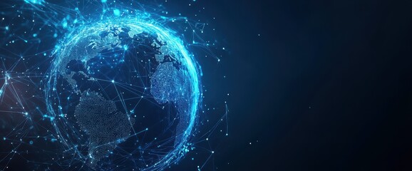 Obraz premium Concept of global communication network for internet business with cryptocurrency and blockchain elements in a wide banner design