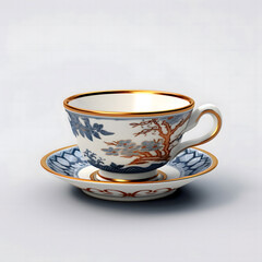 Ceramic tea cup, porcelain, antique Chinese style, vintage, classic, luxurious, beautiful white and gold color, expensive, luxurious.