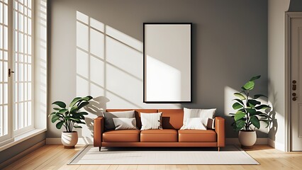 Fototapeta premium 3D Frame mockup, Serene and Stylish Living Room with Minimal Decor and Ample Natural Light. Modern interior design