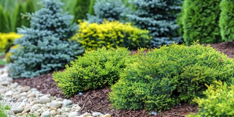 Naklejka premium Evergreen shrubs in landscape design. Generation of Ai