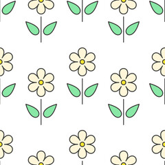 Obraz premium Yellow line flowers with green leaves on white background. Vector seamless pattern. Best for textile, wallpapers, wrapping paper and your design.